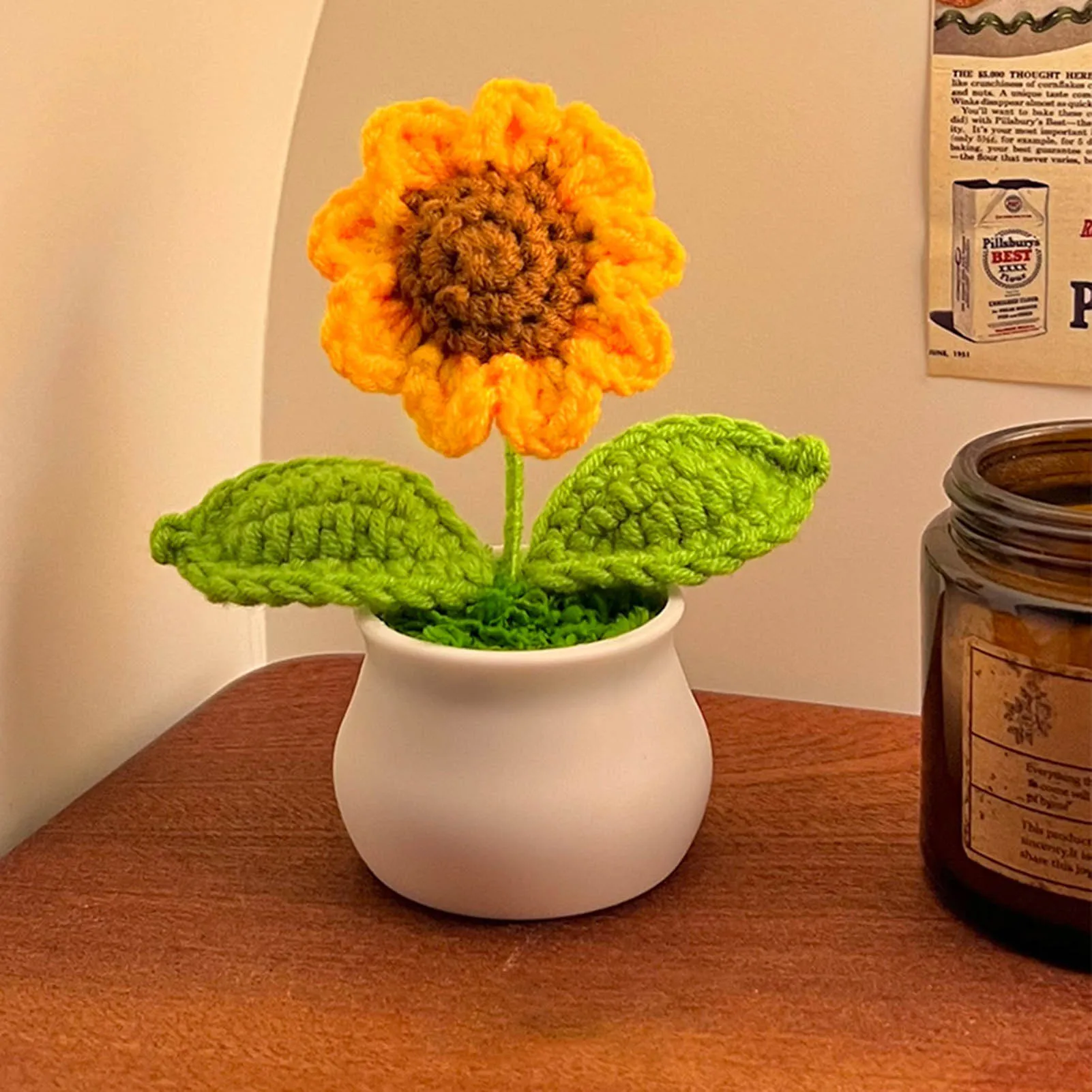 Handgefertigter gehäkelter Sonnenblumenstrauß, Auto-Innendekoration, Stricken, Topfblume, kreatives Handwerk, Geburtstagsgeschenk für Frauen und Kinder – Detail 5