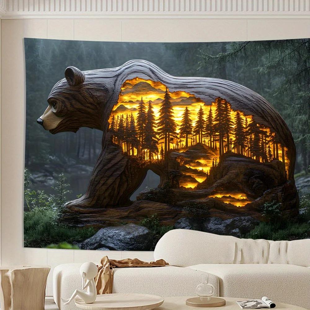 1pc Jit Golden Light Wooden Bear Tapestry, 3D Wall Hanging for Living Room, Bedroom, Office, Party Decor, Perfect Creative Gift,