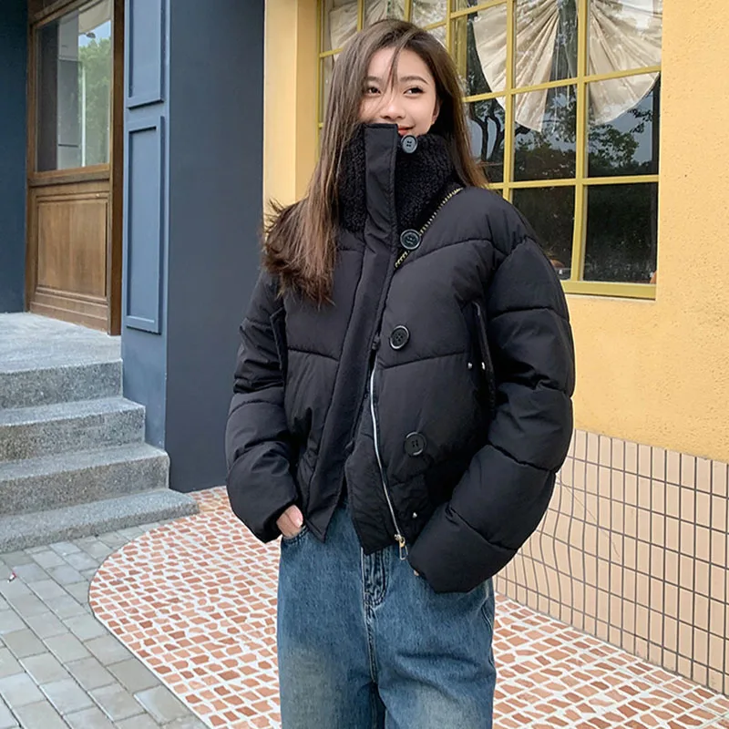 Autumn Winter Knitted Lapel Cotton Jacket Women Korean Chic Thick Dowon Cotton Padded Parkas Street Cropped Puffer Bubble Coat