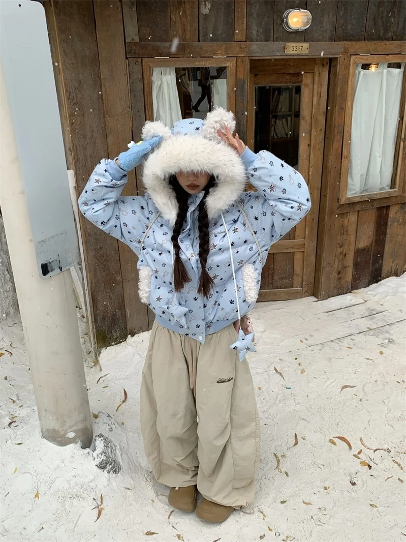 

Женская зимняя модная теплая куртка свободного кроя с капюшоном из хлопка, с принтом звезд, утепленная, в китайском ретро-стиле, с длинными рукавами