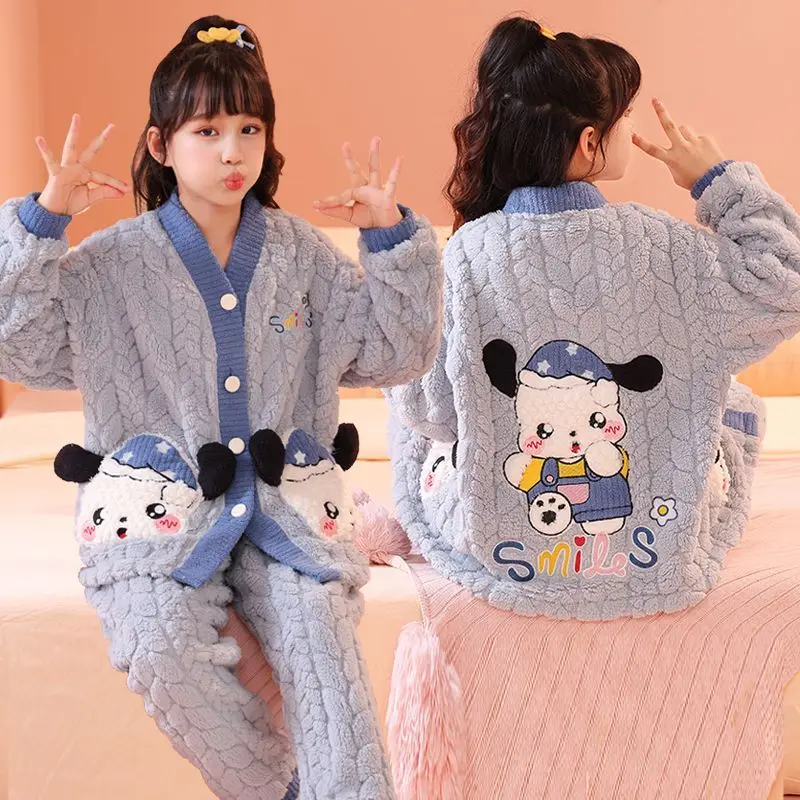 

Sanrio Pompompurin Kuromi Pochacco Cinnamoroll, зимний утепленный пижамный комплект из кораллового флиса для девочек, кардиган, домашняя одежда для детей