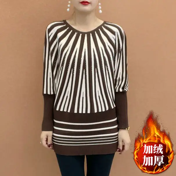 

Thick Striped Medium to Long Base Shirt with Added Velvet 2024 Autumn and Winter New Style Ethnic Style Loose Casual Bat Shirt