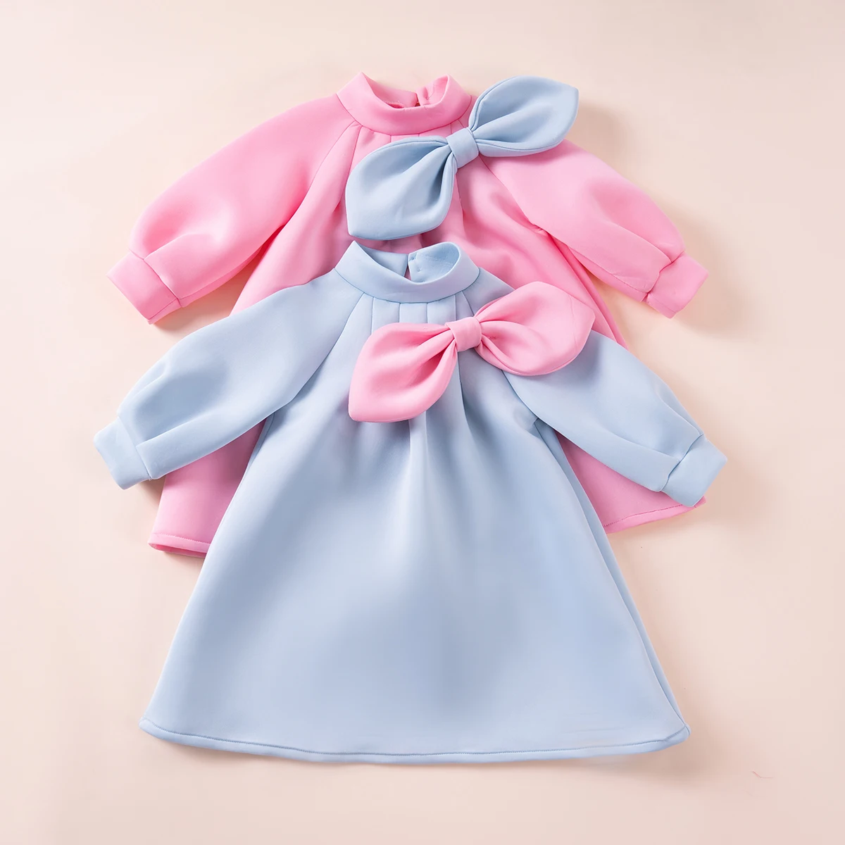 Autumn Baby Girls Dress Solid Color Casual Round Neck Long Sleeve Dress Bowknot Decoration Basic Simple Suitable for Daily Wear