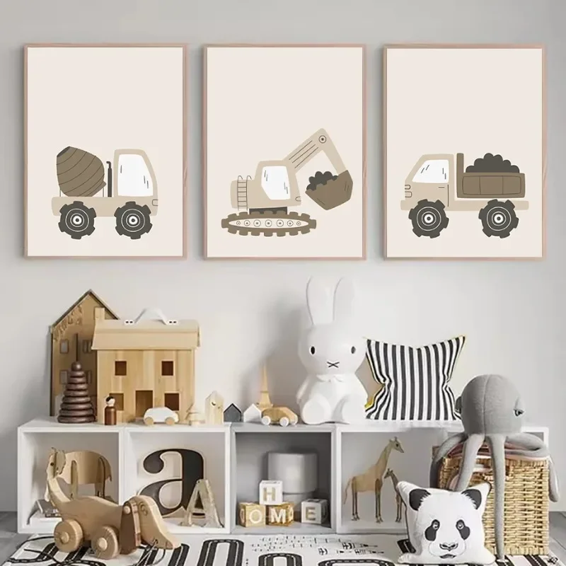 1pc frameless Canvas Painting Retro Construction Engineering Vehicle Excavator Mud Truck Cartoon Nursery Poster Canvas Painting