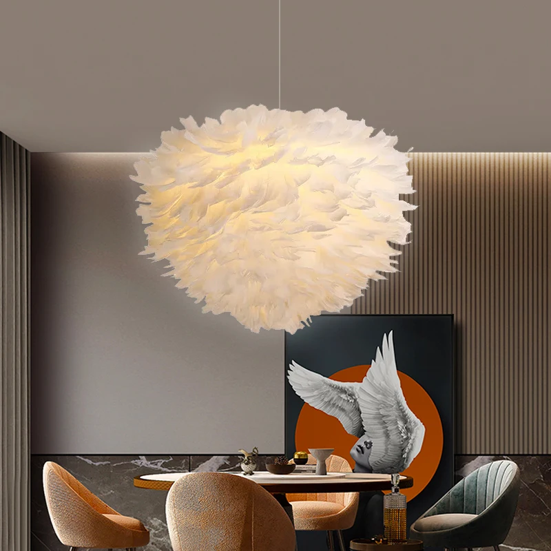 Nordic Pendant Light Bulb, Bedroom Pendant Light, Modern Minimalist Creative White Feather Living Room Home Decoration Lighting