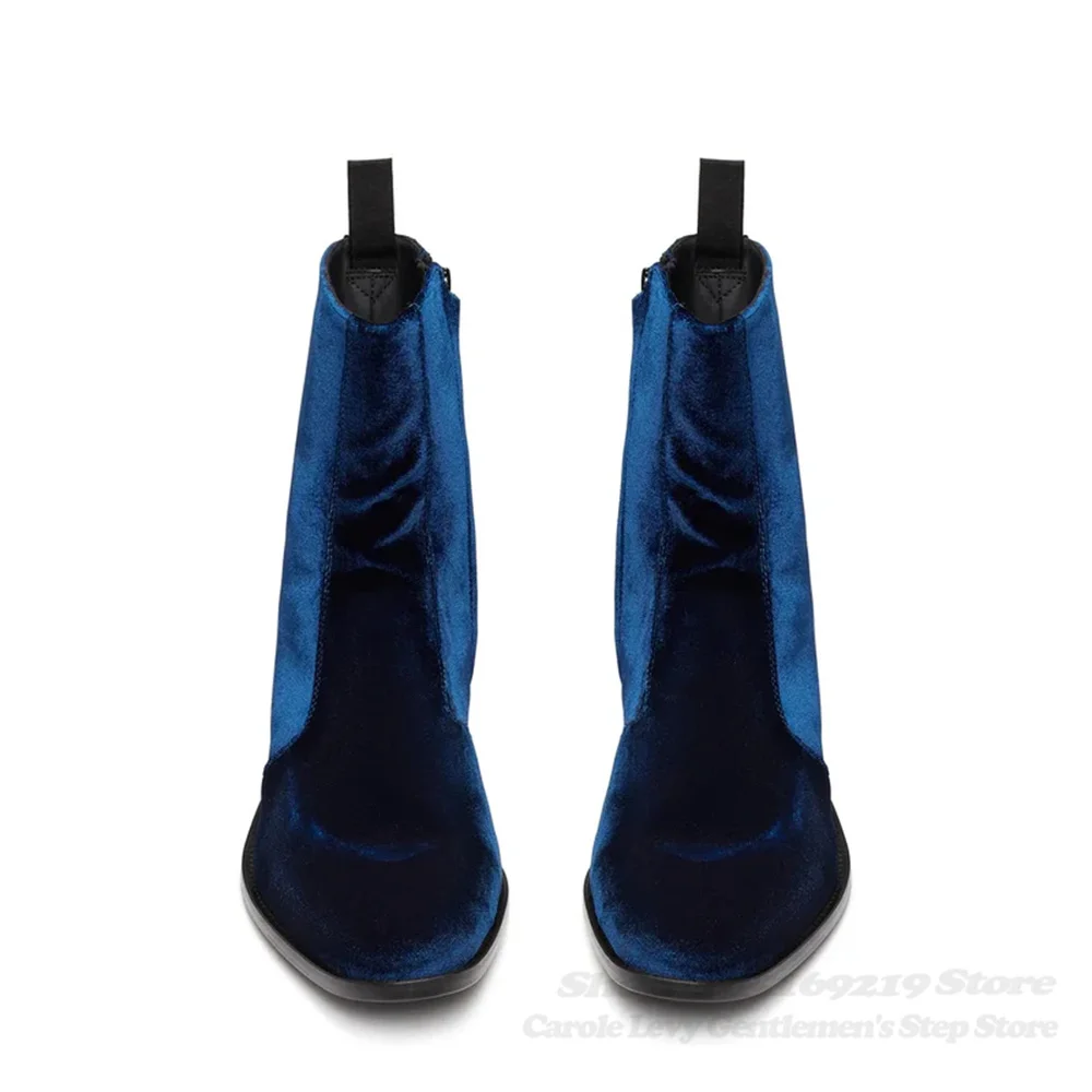 تشيلسي أحذية الرجال 2026 شتاء جديد الأزرق المخملية أشار تو جلد طبيعي عالية الكعب الجانب سستة الأعمال الرسمي حذاء بوت بطول الكاحل