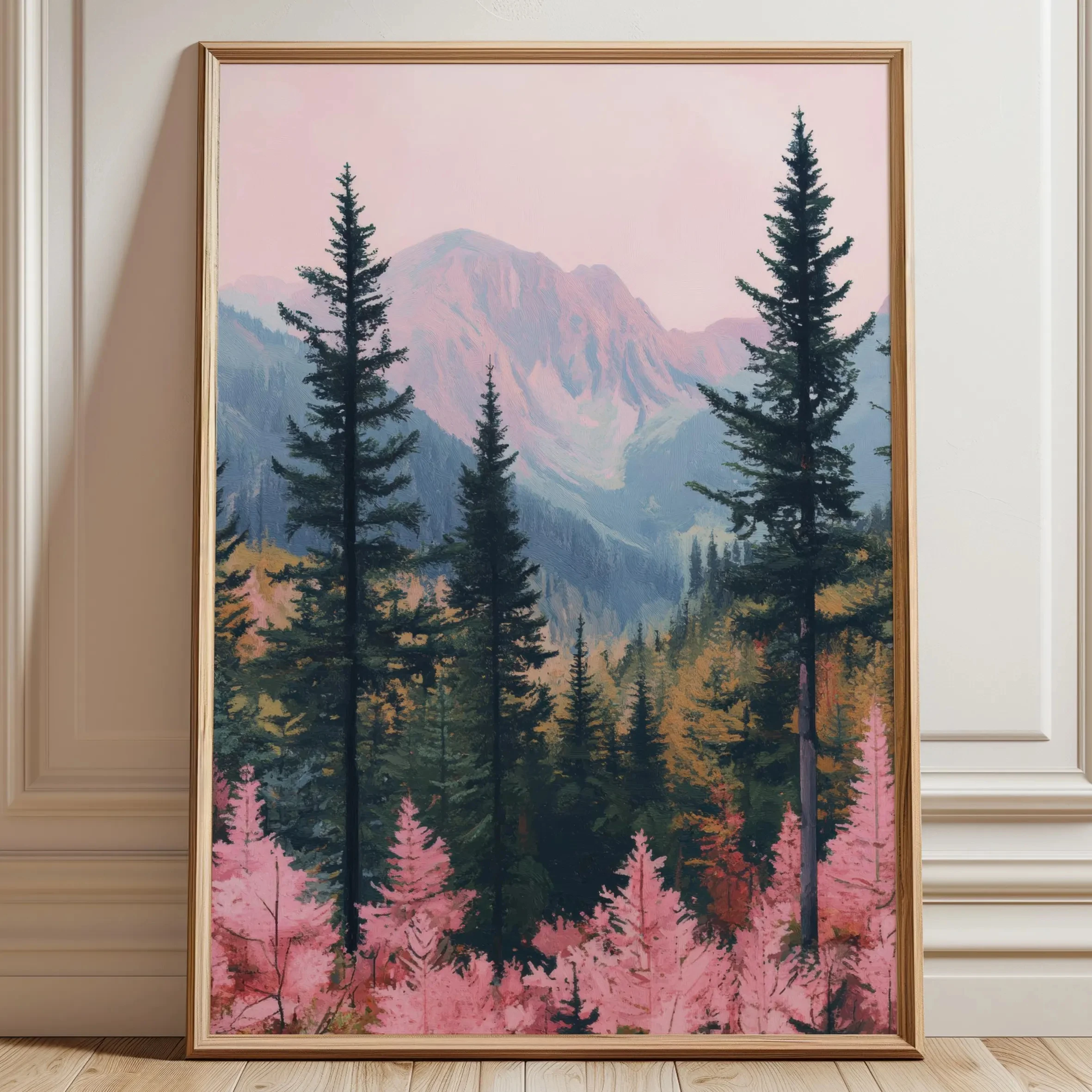 Pink Mountain Forest Art Print Large Size Minimalist Nordic Nature Landscape Poster Aesthetic Mountain Valley Wilderness Print