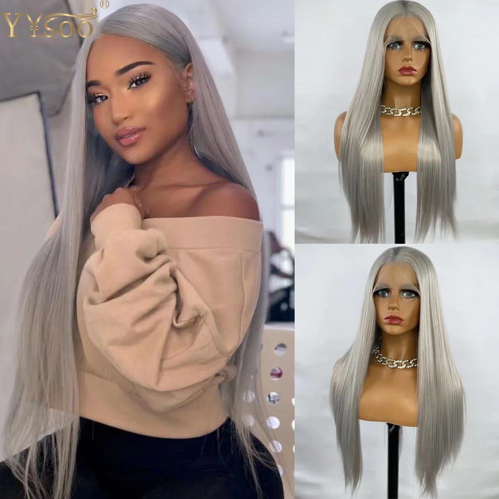 

Long Light Gery Synthetic Hair Lace Front Wigs For Women Girls Glueless Silky Straight Half Hand Tied Soft Lace Wig Free Part