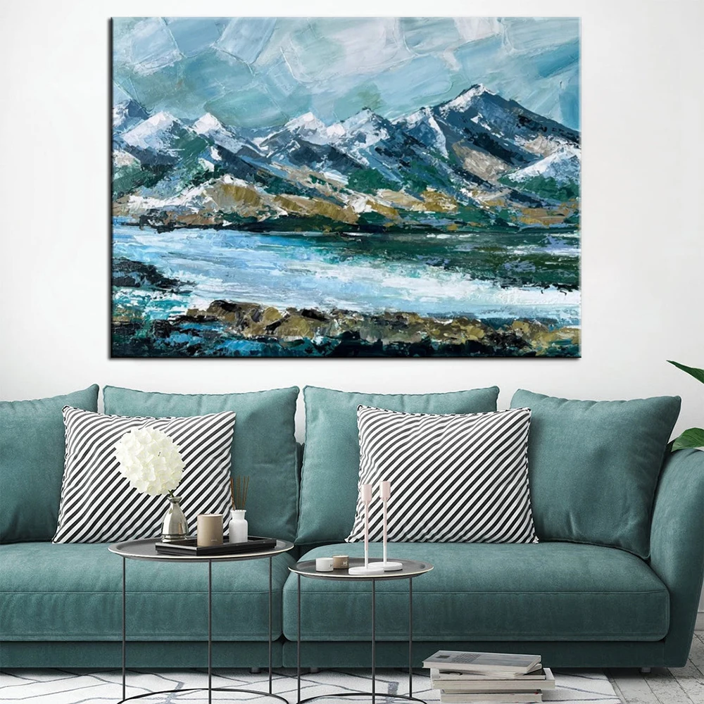 Hand Painted Oil Painting Nature inspired Mountain Landscape Riverbank Art Modern Scenery Natural Beauty Textured Artwork decor