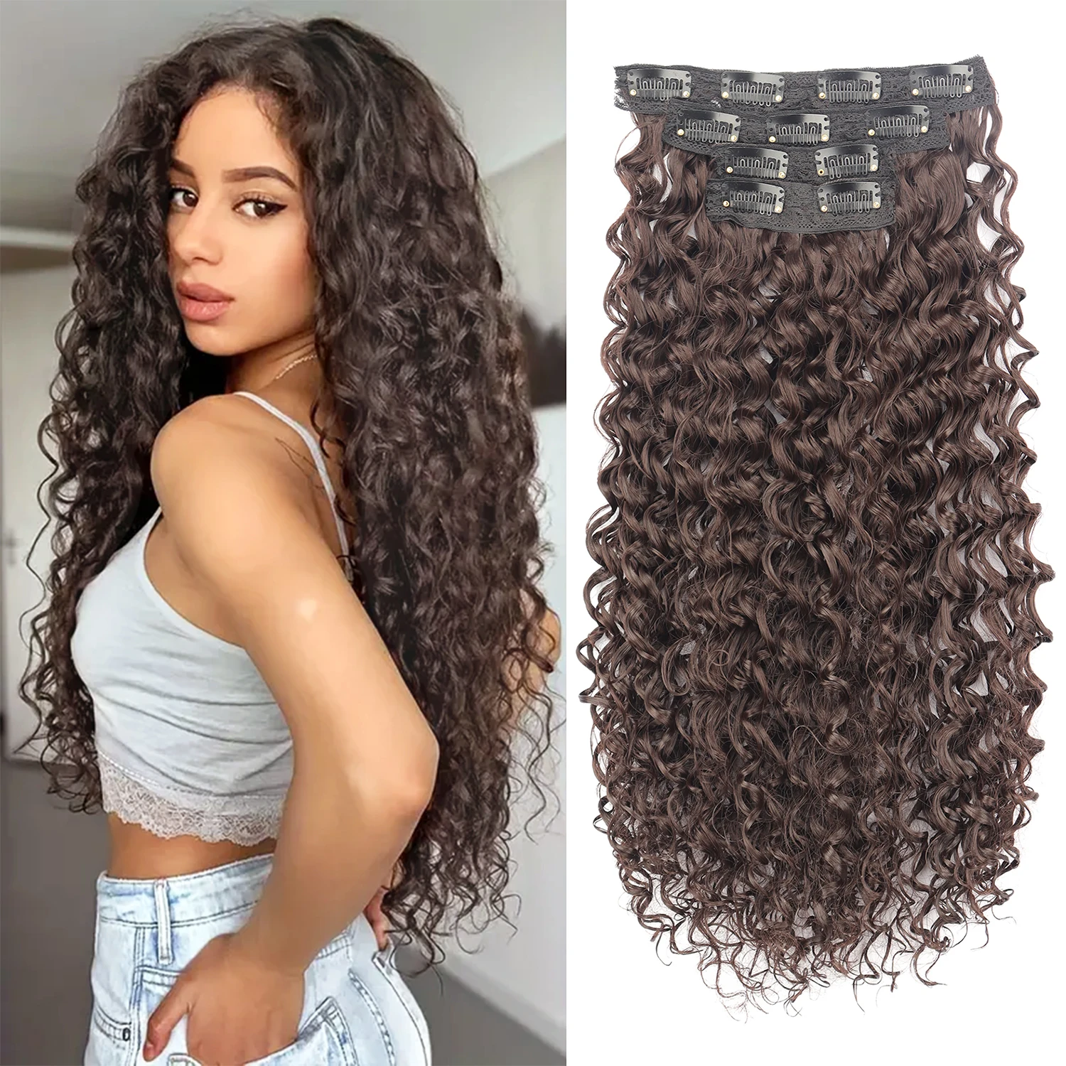 

Synthetic Kinky Curly Clip In Hair Extensions Black Brown 4pcs/set Full Head Fake Pieces Hair Accessories Suitable For Women