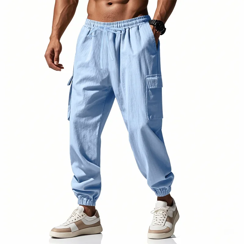 New Men's Casual Multi-pocket Trousers Male Closed-placket Tethered Cotton and Linen Straight-leg Leggings Men Mens