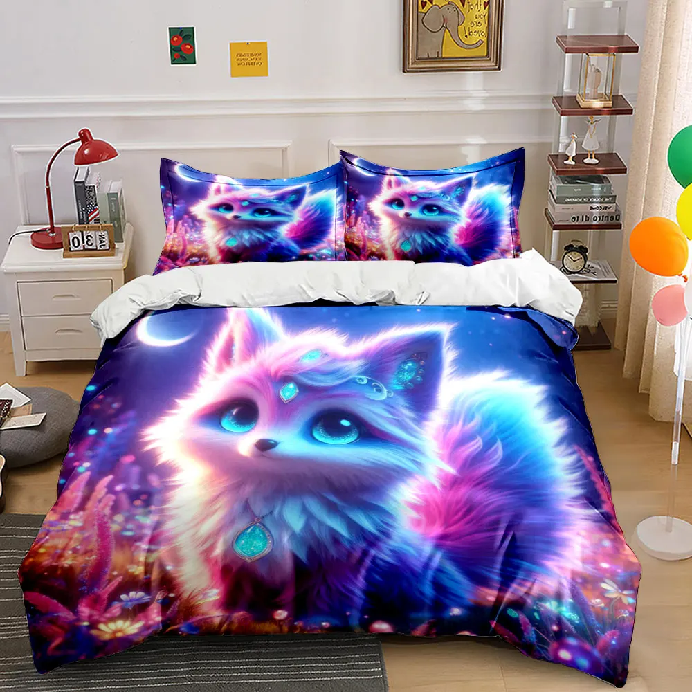 Enchanted glowing violet fox Print Bedding Set 1 Duvet Cover 2 Pillowcases for Adult and Children Luxury Gift Full Size