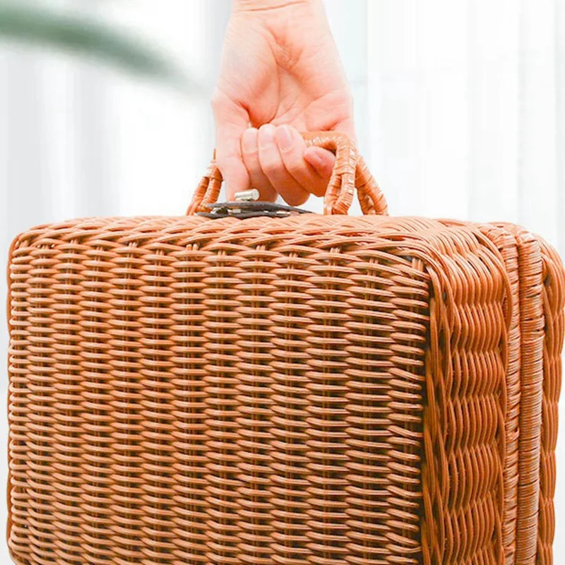 Retro Imitation Rattan Picnic Basket Woven Suitcase Hand Woven Photography Props Home Decoration Storage