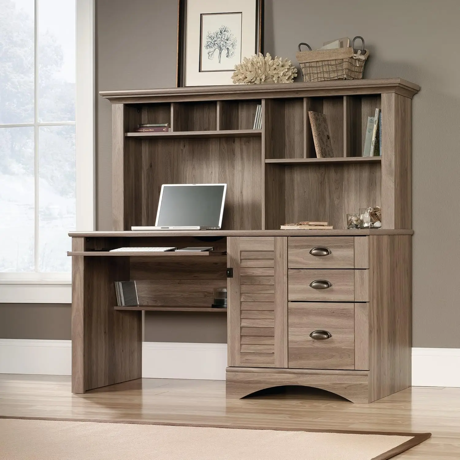 Harbor View Home Office Computer Desk with Hutch, Keyboard Tray, in Salt Oak