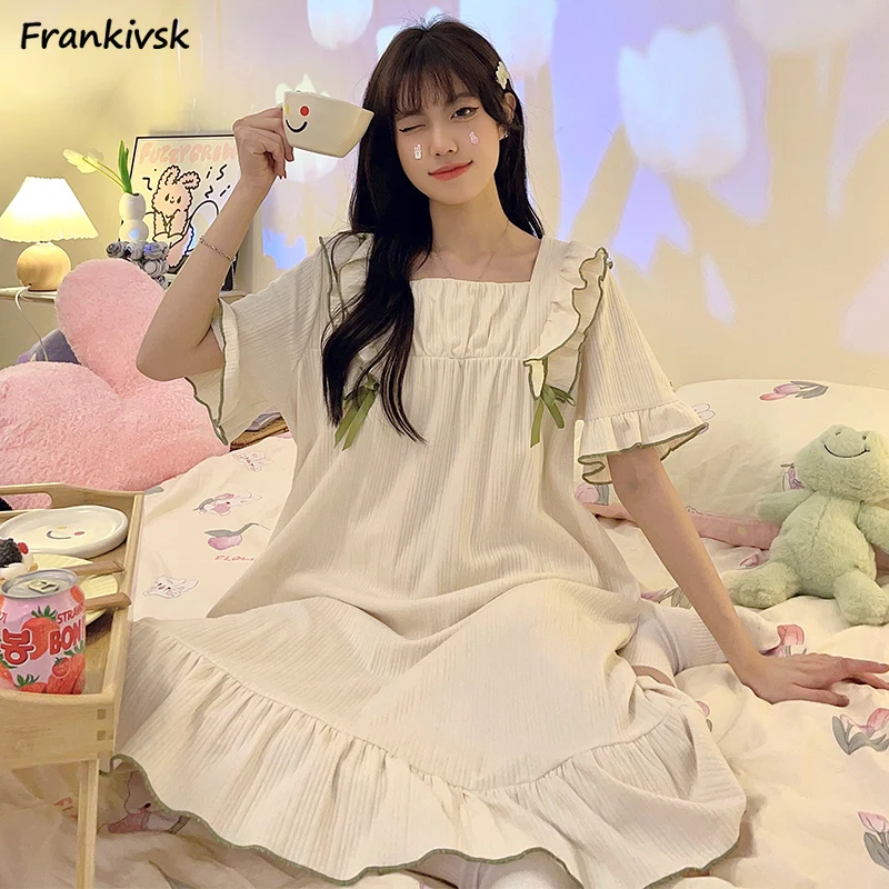 Cute Nightgowns Women Prairie Chic Loose Mid-calf Summer Comfortable Sweet Schoolgirls Homewear Hale Sleeve Ruffles Advanced