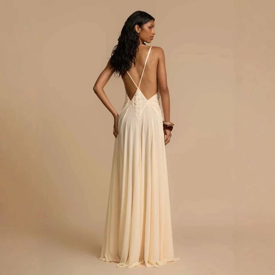 

Beige Deep V-neck Suspender Dress Waist Mopping Long Dress Simple Fashion Temperament Elegant Slim And Thin Women's Clothing