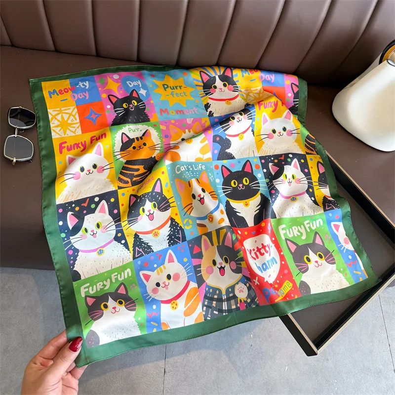 

Luxury Hijab Silk Shawl and Wrap Cute Cat Print Scarf for Women Neckerchief Hair Band Wrist Headband Bandana 2026 Echarpe