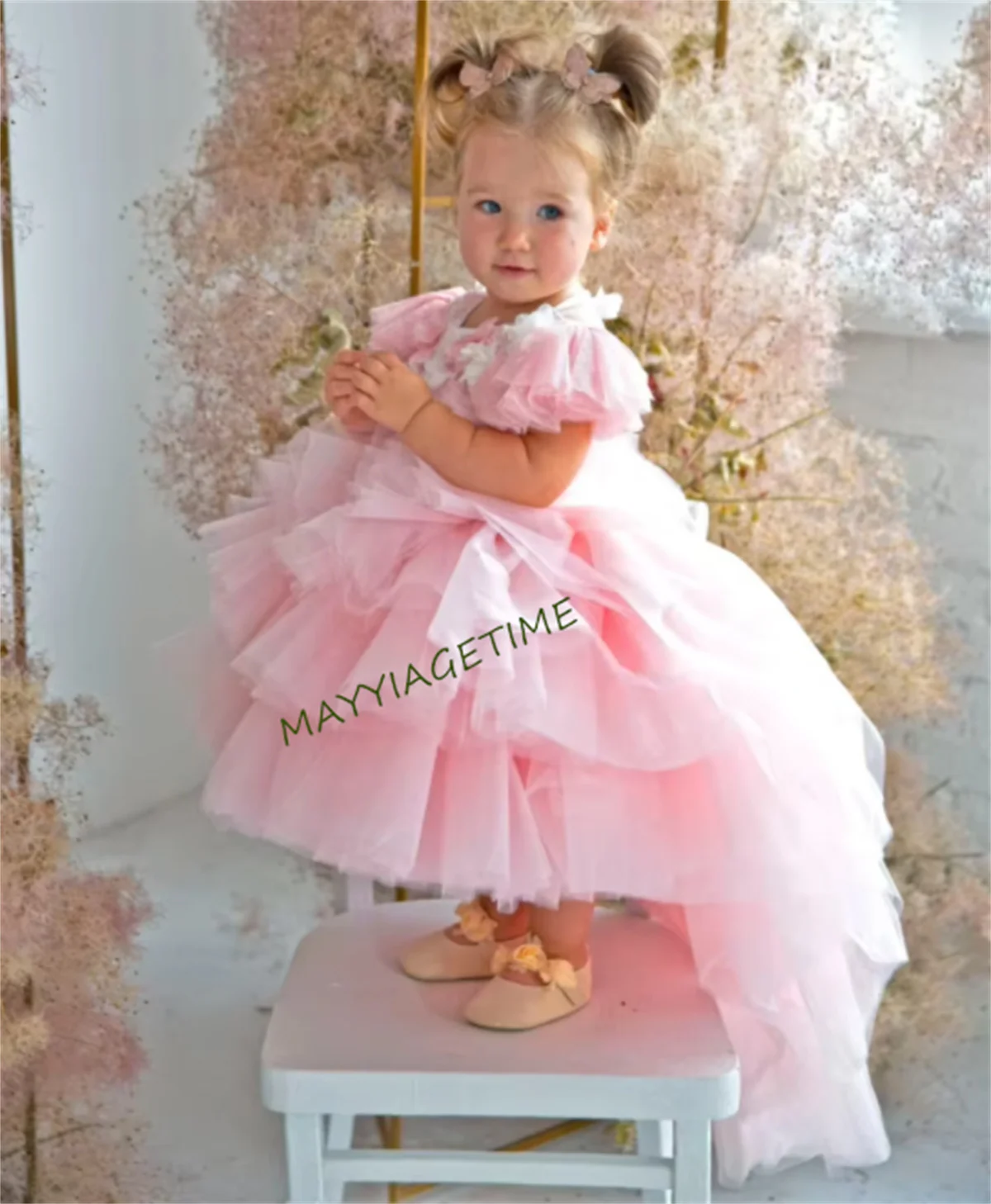 

CutePink Tulle Flower Girl Dresses Birthday Princess Ball Gown Kids First Communion Gowns Tailored Size