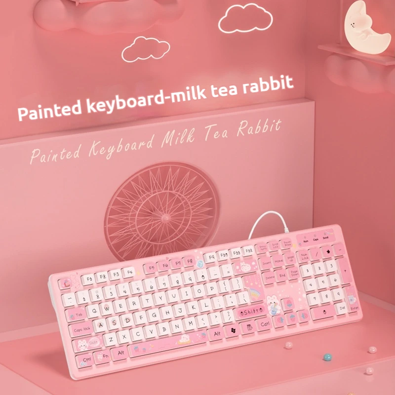 Wired Wireless Keyboard Milk Tea Rabbit Cute Pink Chocolate Thin silent design Girl Creative Painting Office Computer Peripheral