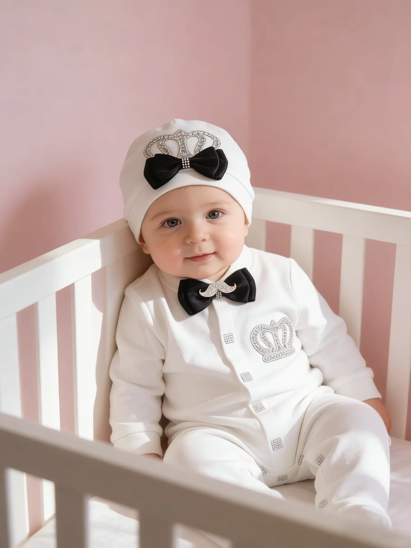 3Pcs Baby Romper Hat Mittens Set Rhinestone Crown Bow Soft Breathable Cotton Newborn 0-9 Months Daily Wear