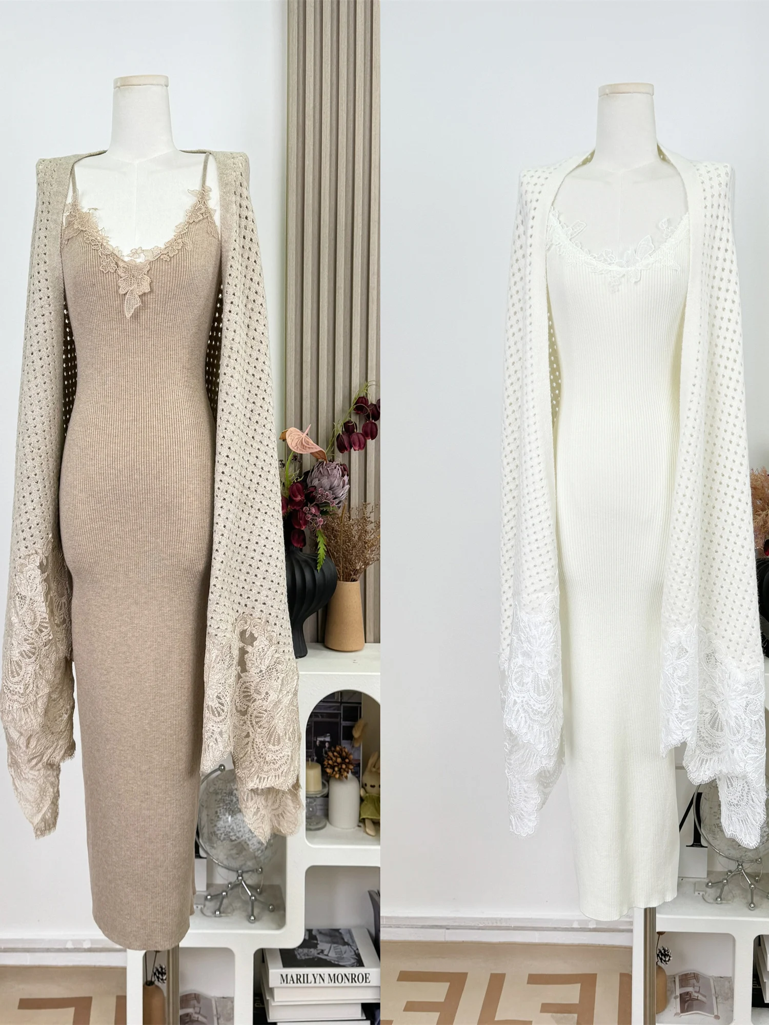 Conjunto de dos piezas de lana Rui Li Jia Ren: Vestido hoado de encaje calado con hombros descubiertos y suéter de punto de...
