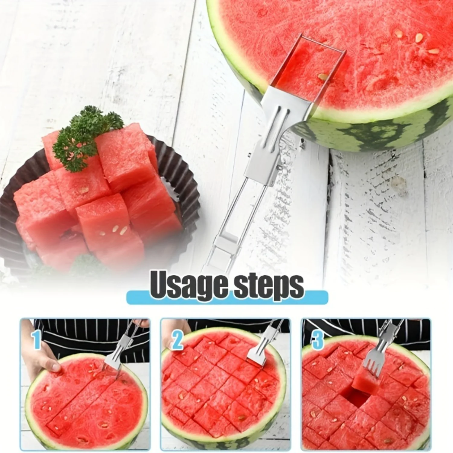 4 PCS Upgrade Foldable Watermelon Fork Slicer Cutter, Stainless Steel Fruit Cutter with Dual Head Fruit Forks, Multifunctional P