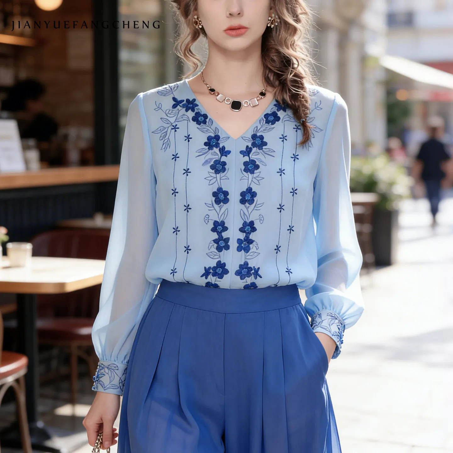 

Fashion Women' embroidered Chiffon Blouse Loose v-neck Long Sleeve Spring Summer Tops Light Blue Lightweight Work Casual Shirts