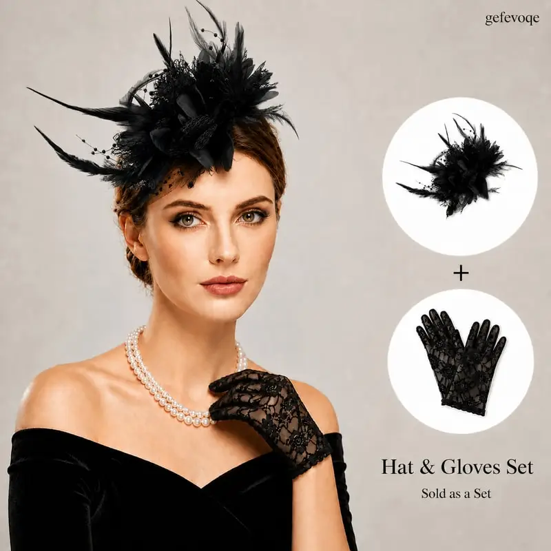2Pcs Elegant Feather Fascinator Hat with Short Lace Gloves Set Retro Bridal Hair Accessories for Cosplay Costume Party