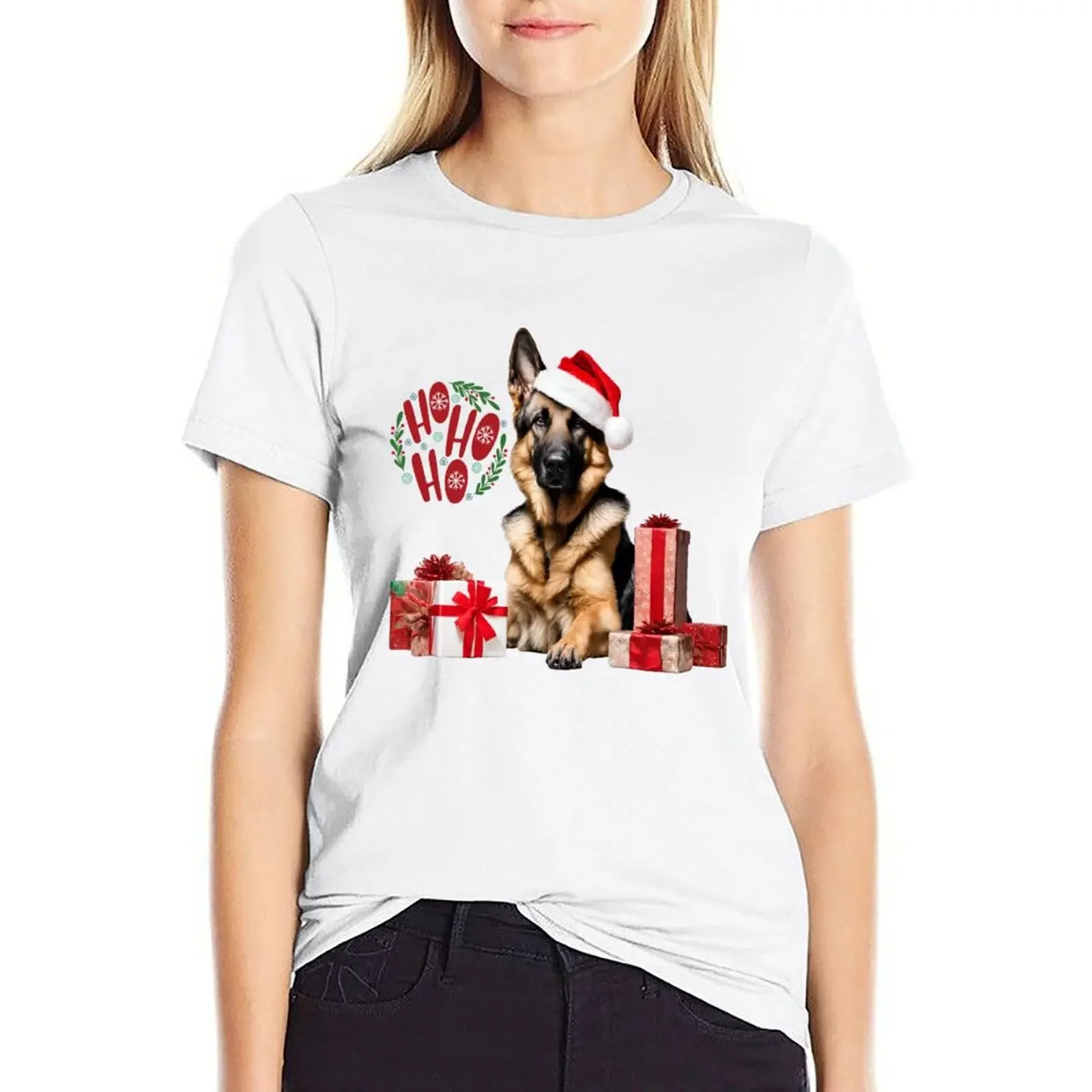 

German Shepherd Santa Saying HO HO HO! T-shirt plus size tops Short sleeve tee Aesthetic clothing spring clothes Women 2024