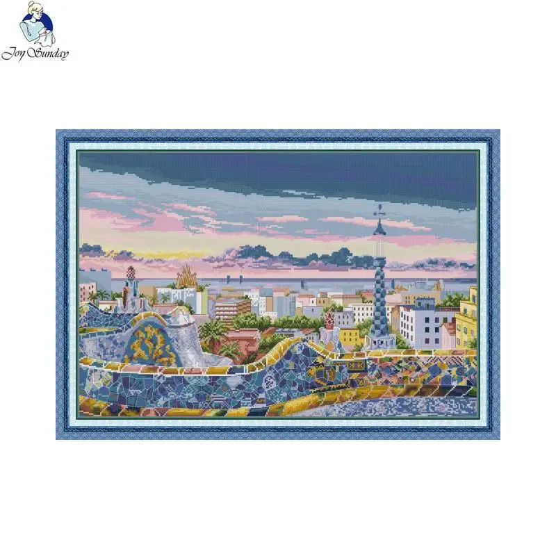 Blue Barcelona Park Scenery Cross Stitch Needlework Kit 14CT 11CT White Canvas Print Fabric DIY Embroidery Set Living Room Decor