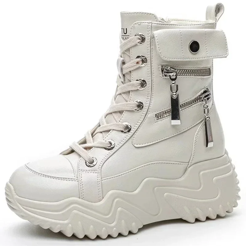 

Pop Womens Round Toe Ankle Boots PU Platform Lace Up Zipper Rivet Hidden High Heel Punk Motorcycle Shoes New 2025