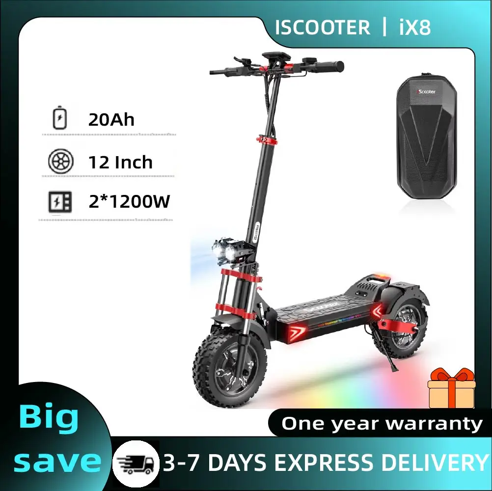 Trottinette électrique adulte iScooter iX8 2400W 48V 20Ah avec pneus pneumatiques tout-terrain de 12 pouces, pliable pour les trajets urbains
