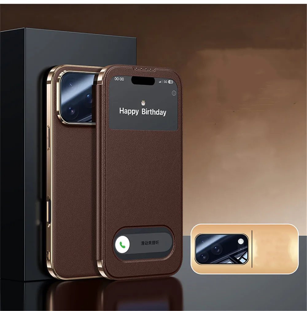 Premium Cowhide Leather Flip Case for iPhone 17 17 Pro Max Smart Window View Cover
