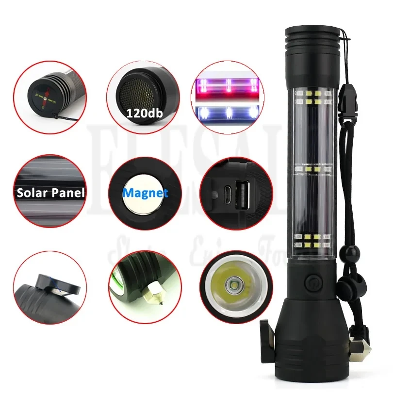 Multi Function Solar Powered Self Defense Flashlight Emergency Glass Breaker 120dB Alarm Car Outdoor Survival Strobe Led Light