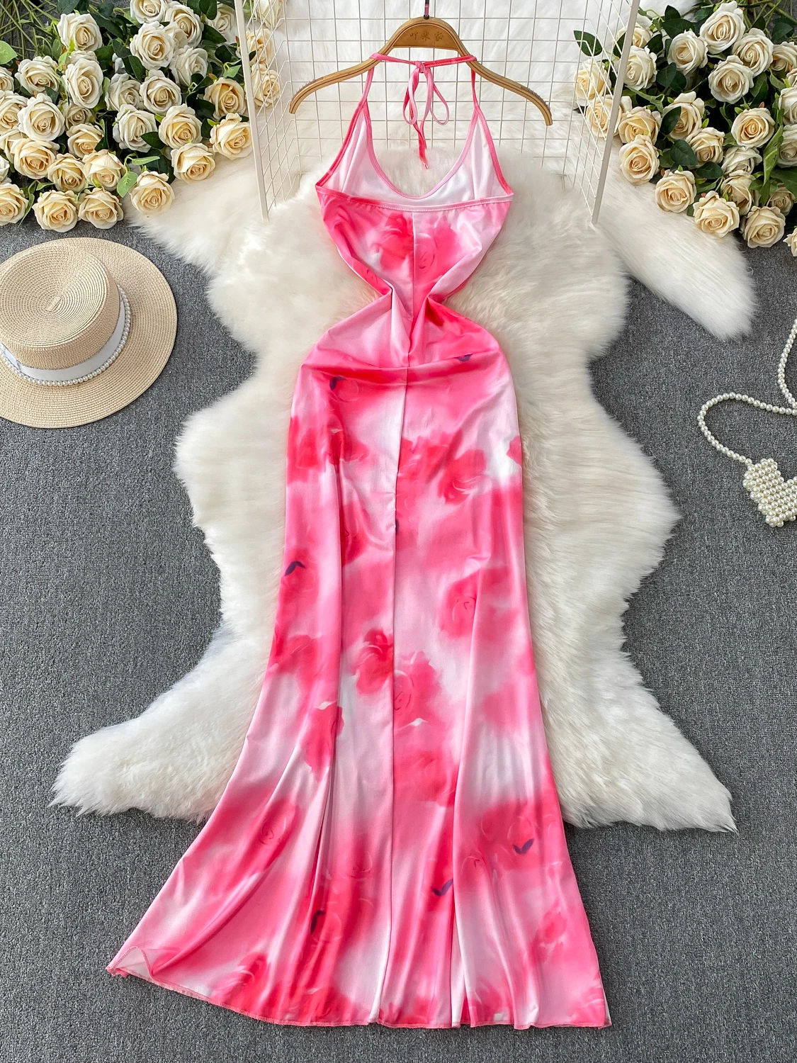 Ele Rose Pink Romantic V-ne Appeso Ne Dr Gonna lunga in raso che raccoglie la vita Coreano Sle Vita alta A-line Dr