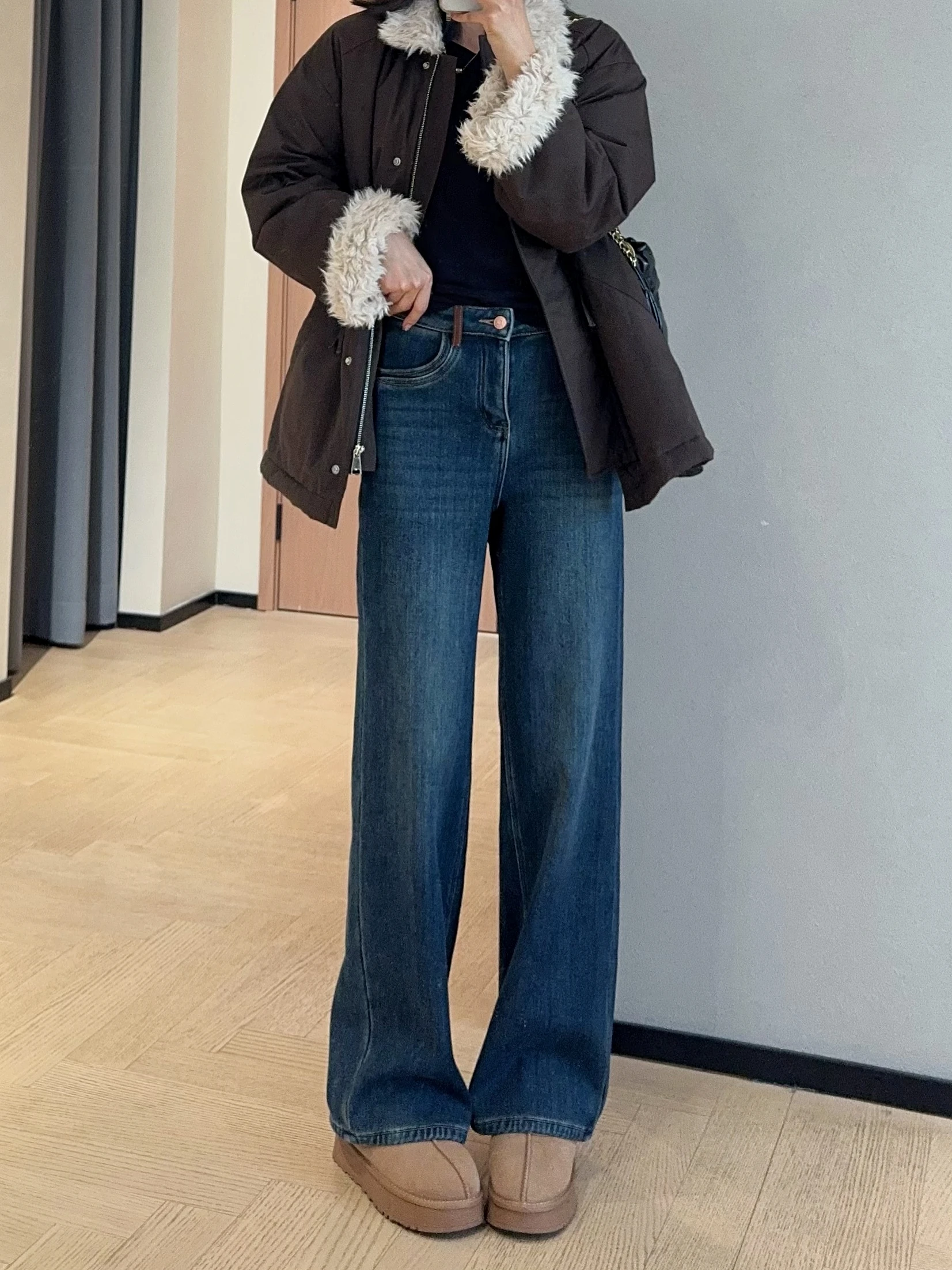 

Джинсы WTHEONE Thiened Fce с высокой талией, прямые, облегающие, широкие, женские, осенне-зимние, новые, повседневные, из хлопкового денима