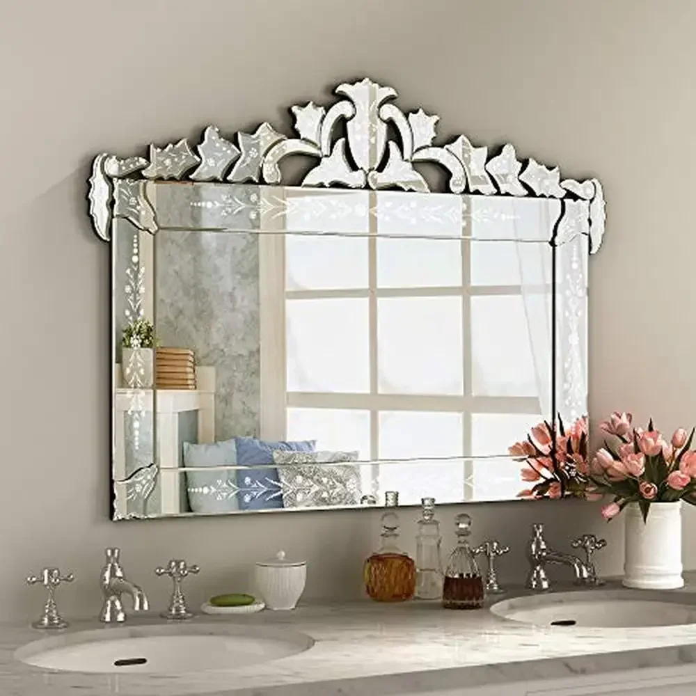 

hgLarge Handmade Carved Venetian Mirror Wall Decor Bathroom Bedroom Living Room Classical Elegant Rectangle Design High-End Silv