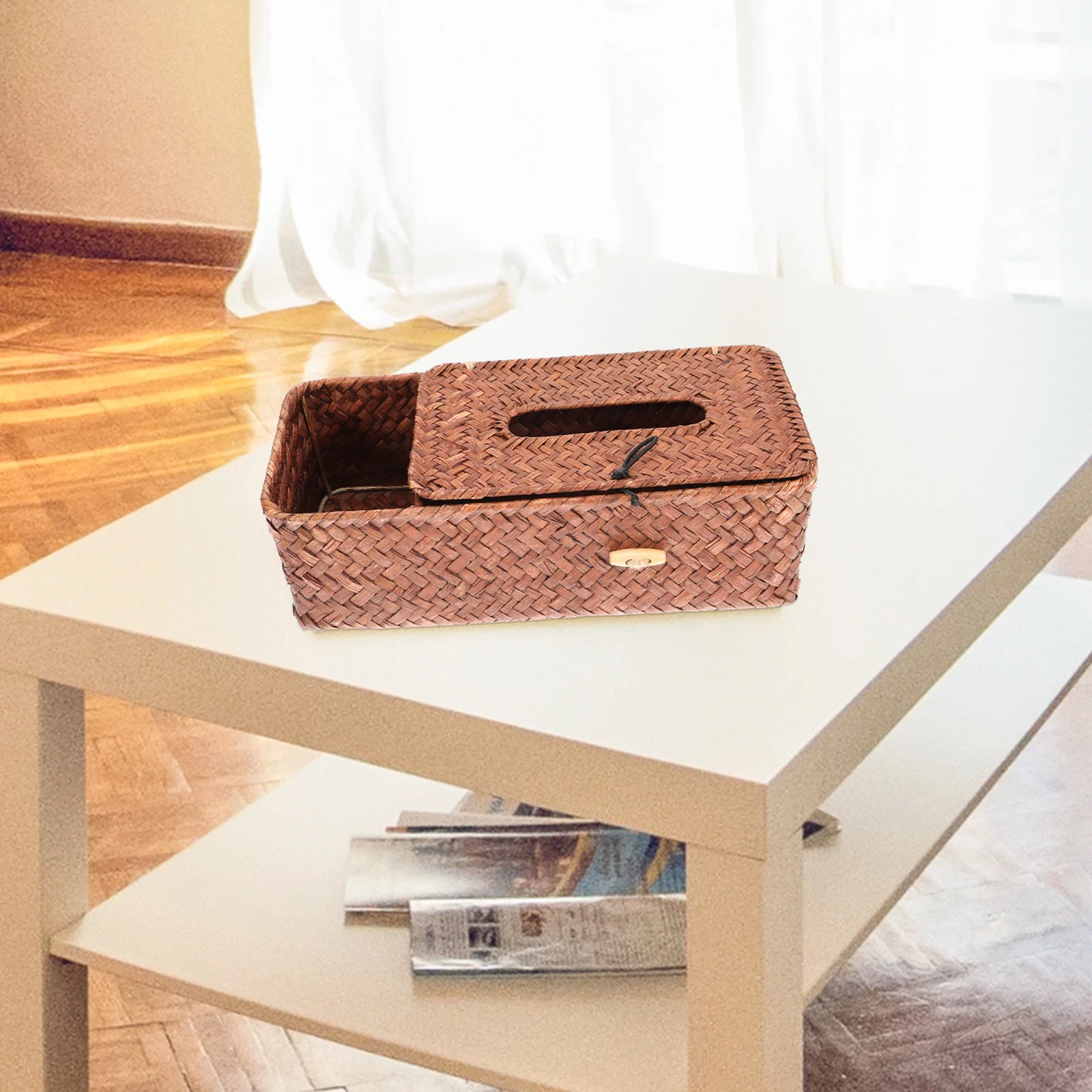 

Decorative Tissue Box Holder Rectangular Desktop Accessory Chic Woven Seaweed Material Long Lasting Use Anywhere Multifunctional