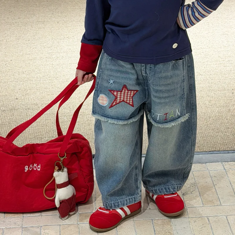 Girls Denim Jeans 2026 Spring Autumn New, Loose Stylish Casual Long Trousers For Baby Kids Girls  for80-130cm