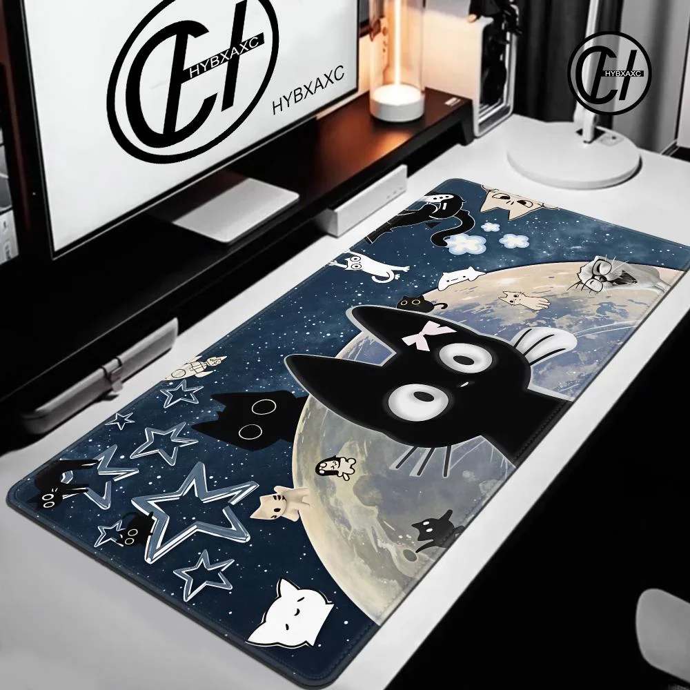 Dark Gothic Black Cat Large Gaming Mouse Pad, Night Full Moon Starry Sky Cute Kitten Group Non‑Slip Rubber Extended Desk Mat