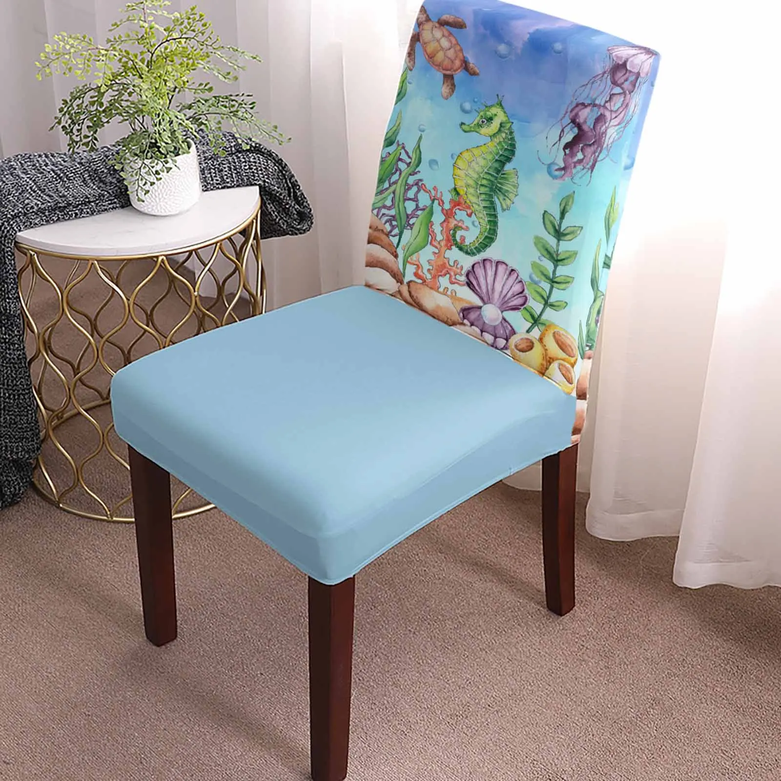 Ocean Jellyfish Seahorse Coral Watercolor Chair Cover Set Kitchen Stretch Spandex Seat Slipcover Home Dining Room Seat Cover