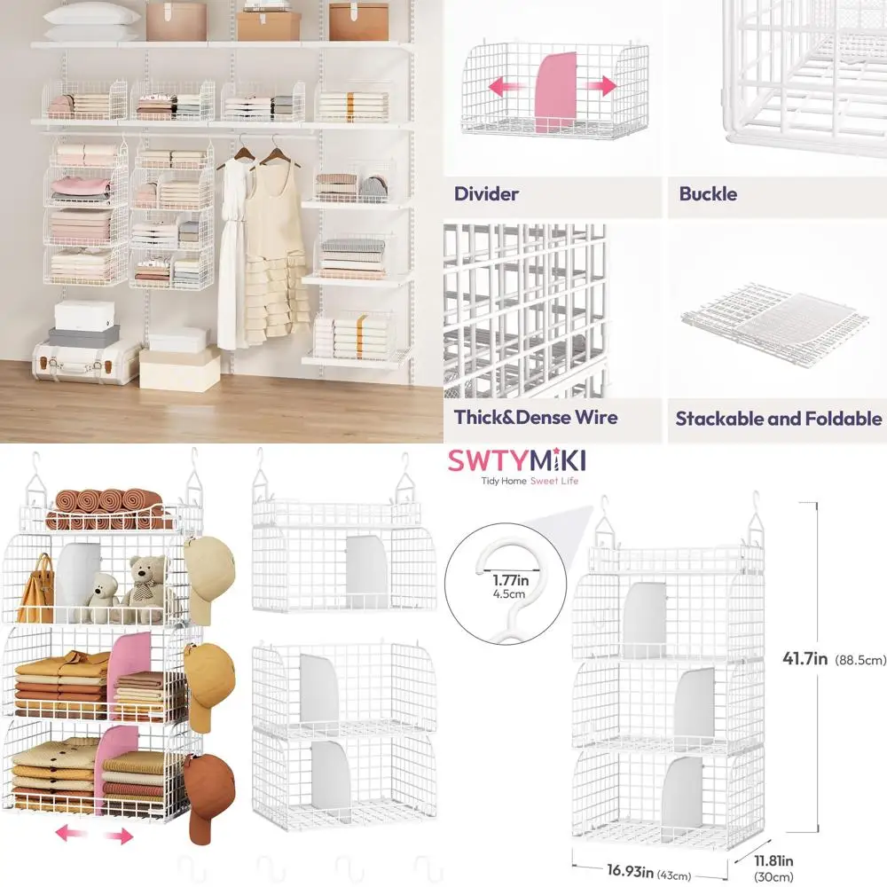 

4-уровневый складной металлический органайзер для шкафа с разделителями и S-образными крючками для одежды, обуви, аксессуаров