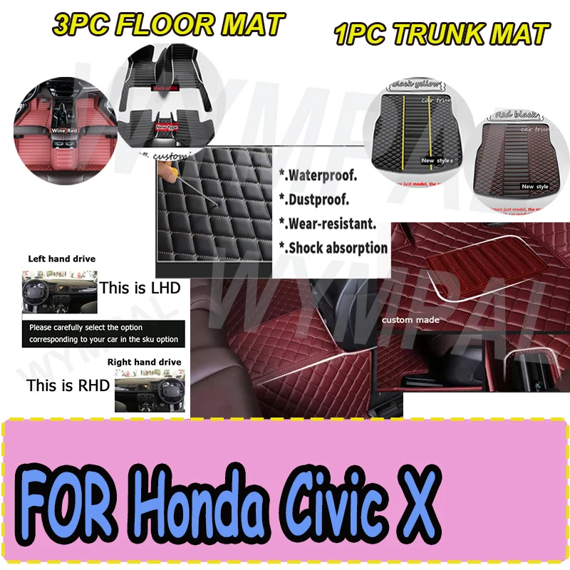 

LUXURY Car Floor Mats For Honda Civic X 10 FC FK 2016~2021 Rugs Leather Floor Mat Carpets Interior Parts Waterproof Pad