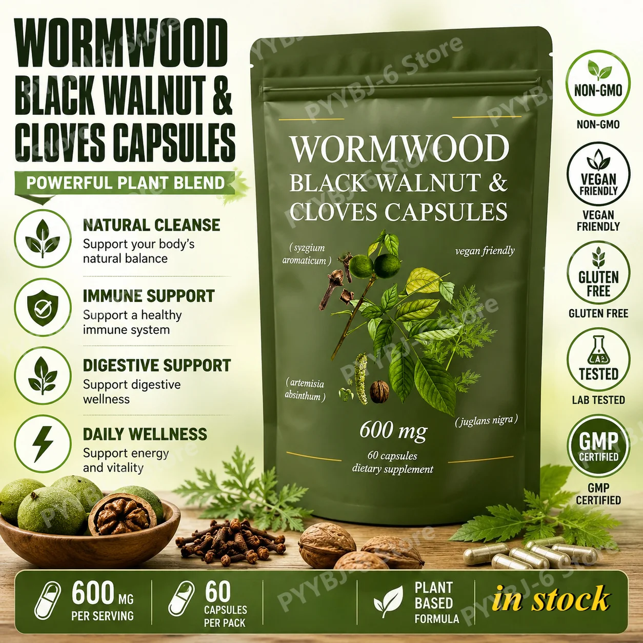 

Wormwood Black Walnut Cloves Capsules 600mg Plant Based Herbal Supplement Vegan Digestive Wellness Immune Support 60 Caps