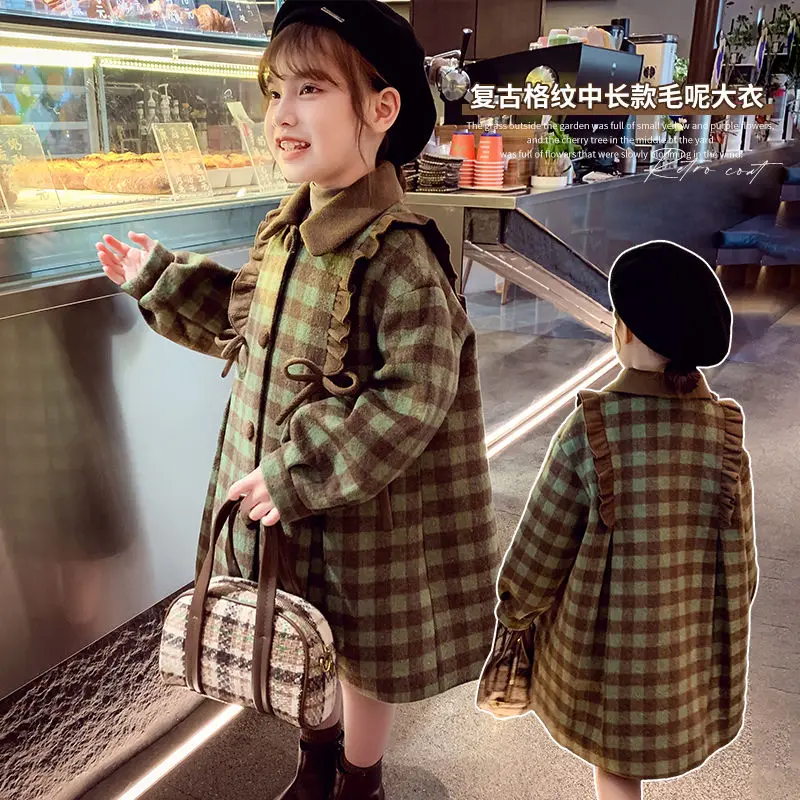 

Kids Baby Girls Princess Autumn Spring Children A-Line Plaid Dress knee-high Elegance Square Warm Long Coat Jacket Retro Clothes