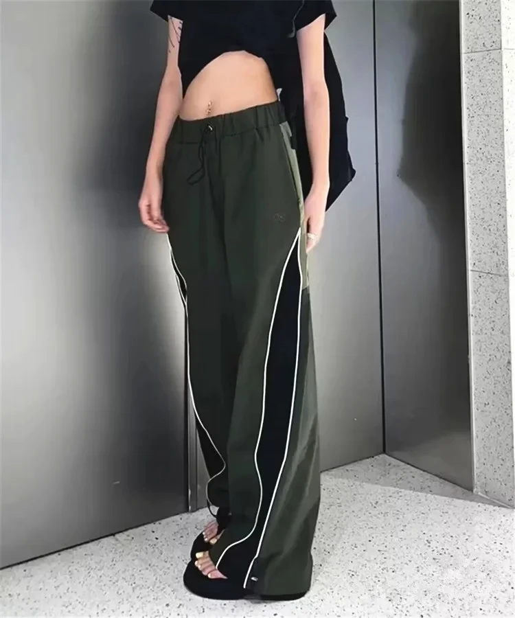 Women Relaxed Colour Block Cargo Trousers Wide Leg Cargo Pants With Drawstring Cuff