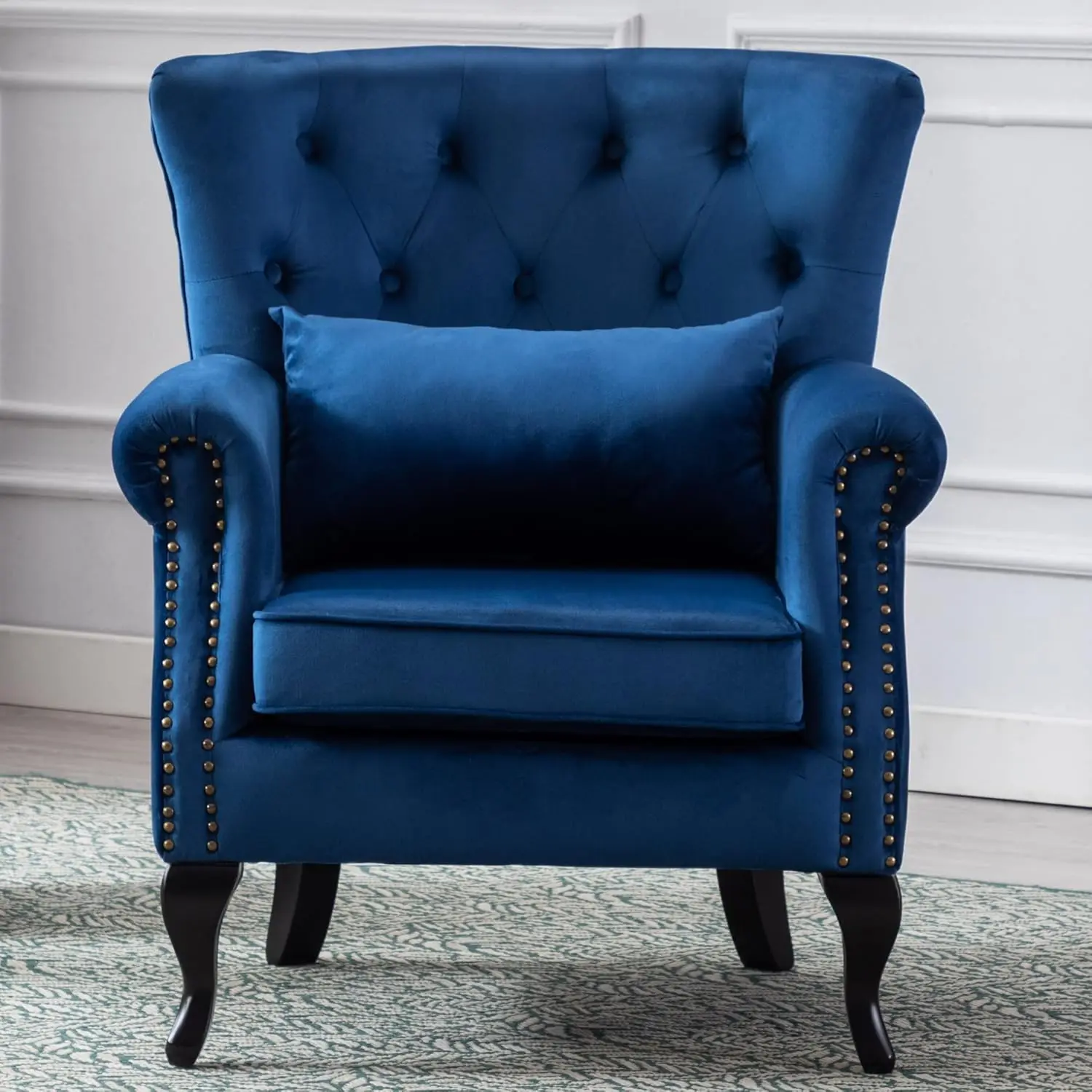 

Mid Century Modern Accent Chair Upholstered Armchair Comfy Velvet Fabric Single Sofa with Tufted Wingback Blue