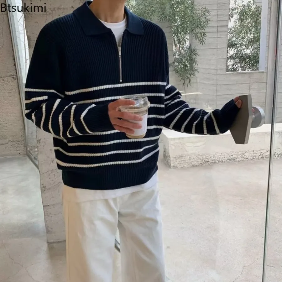 2025 Autumn Winter New Men's Casual Lapel Long Sleeve Sweater Fashion Loose Retro Half Zipper Pullovers Striped Knitted Sweaters