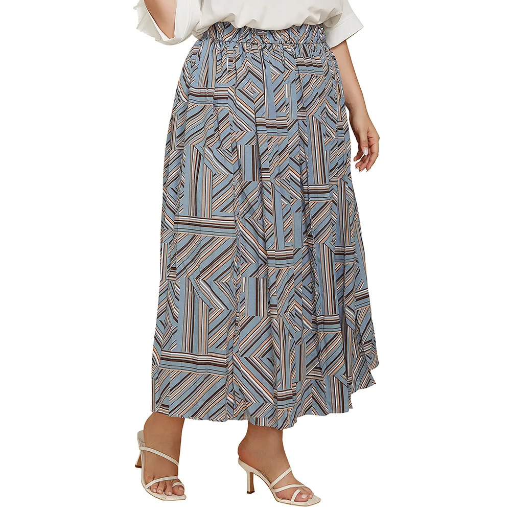 Plus Size Long Dress Women\'s Geometric Print Pleated Skirt Spring and Autumn New Soft Fashion Loose Skirt For Female