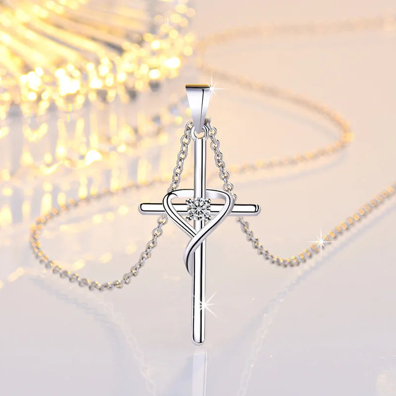 

New 925 Sterling Silver Necklace Pendant Cross 5A Zircon for Women Wedding Jewelry Engagement Charm Party Gift Fine chain